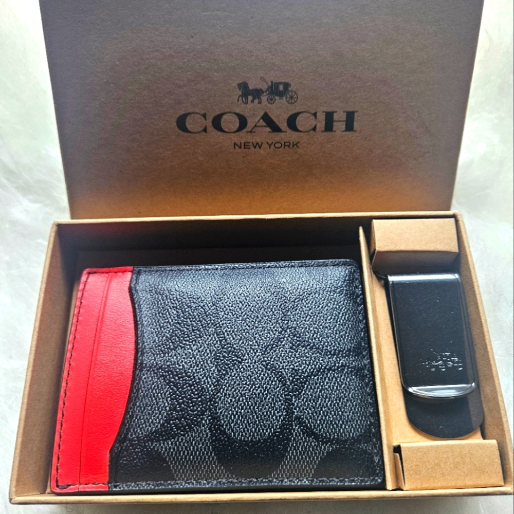 Coach Black and Red Key Card Holder Set